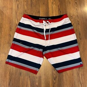 O’Neill Men’s size 38 Swim, Surf, Beach Shorts. Red White Blue